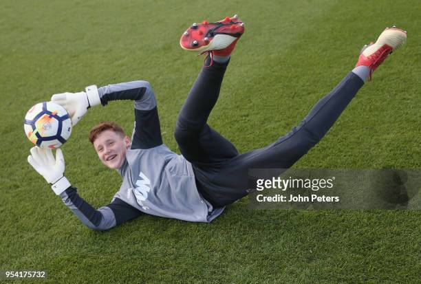 Jacob Carney of Manchester United U18s in action during an U18s training session at Aon Training Complex on May 2, 2018 in Manchester, England.