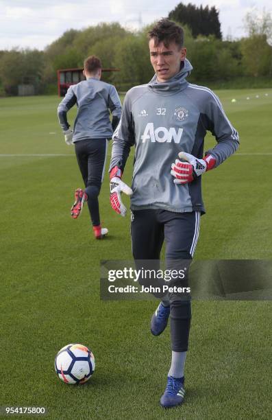 Matej Kovar of Manchester United U18s in action during an U18s training session at Aon Training Complex on May 2, 2018 in Manchester, England.