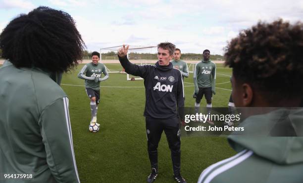 Manager Kieran McKenna of Manchester United U18s in action during an U18s training session at Aon Training Complex on May 2, 2018 in Manchester,...