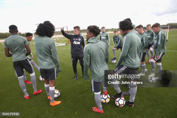 Manager Kieran McKenna of Manchester United U18s in action during an U18s training session at Aon Training Complex on May 2, 2018 in Manchester,...