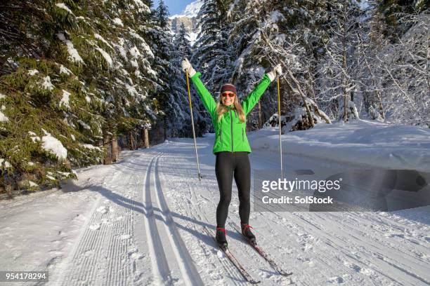快樂的滑雪者擺姿勢拍照 - 北歐滑雪項目 個照片及圖片檔