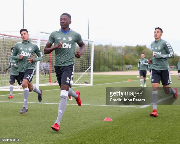 Di'Shon Bernard of Manchester United U18s in action during an U18s training session at Aon Training Complex on May 2, 2018 in Manchester, England.