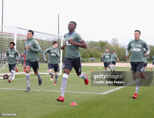 Di'Shon Bernard of Manchester United U18s in action during an U18s training session at Aon Training Complex on May 2, 2018 in Manchester, England.