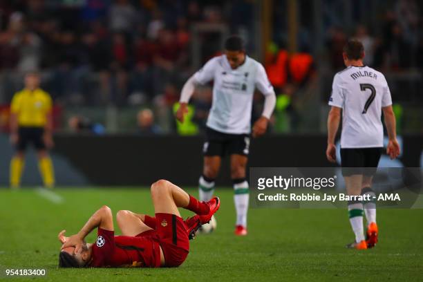 Konstantinos Manolas of AS Roma reacts during the UEFA Champions League Semi Final Second Leg match between A.S. Roma and Liverpool at Stadio...