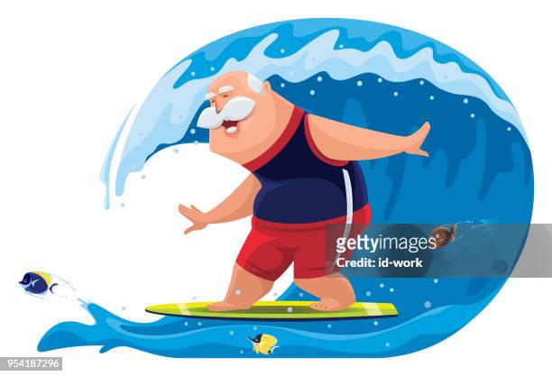 senior man surfing with tropical fishes - happy seniors stock illustrations
