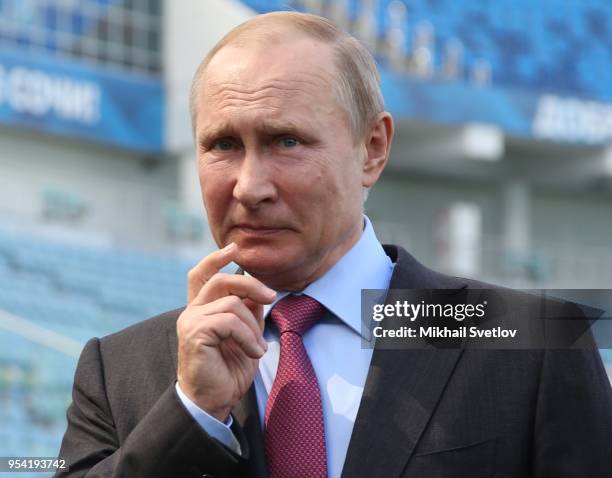 Russian President Vladimir Putin speeches while visiting the Fisht Olympic Stadium May 3, 2018 in Sochi, Russia.. Vladimir Putin and Gianni Infantino...