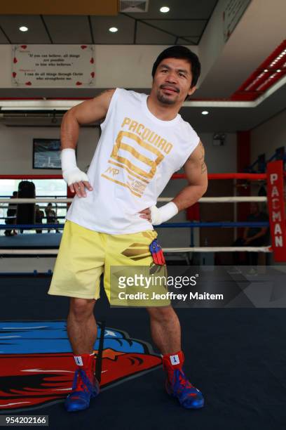 Manny Pacquiao of the Philippines undergoes training ahead of his WBA Welterweight title bout against Lucas Matthysse of Argentina in July on May 02,...
