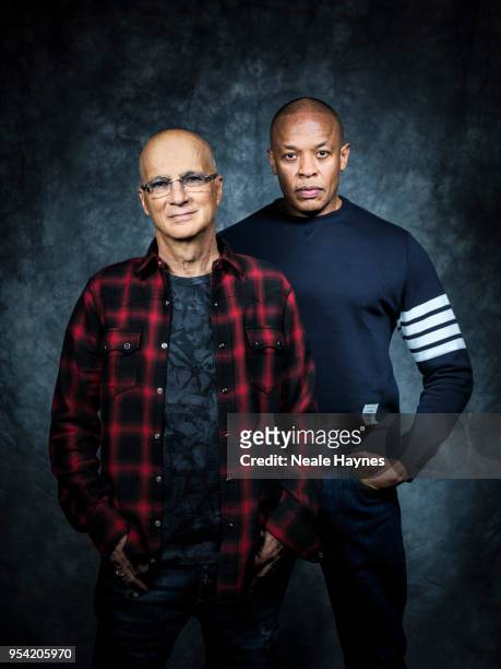 Rapper, record producer and entrepreneur Dr. Dre aka Andre Romelle Young is photographed with record producer Jimmy Iovine are photographed for the...