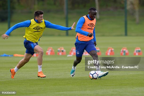 Ramiro Funes Mori and Oumar Niasse during the Everton FC training session at USM Finch Farm on May 1, 2018 in Halewood, England.