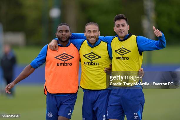 Cuco Martina, Cenk Tosun and Ramiro Funes Mori during the Everton FC training session at USM Finch Farm on May 1, 2018 in Halewood, England.