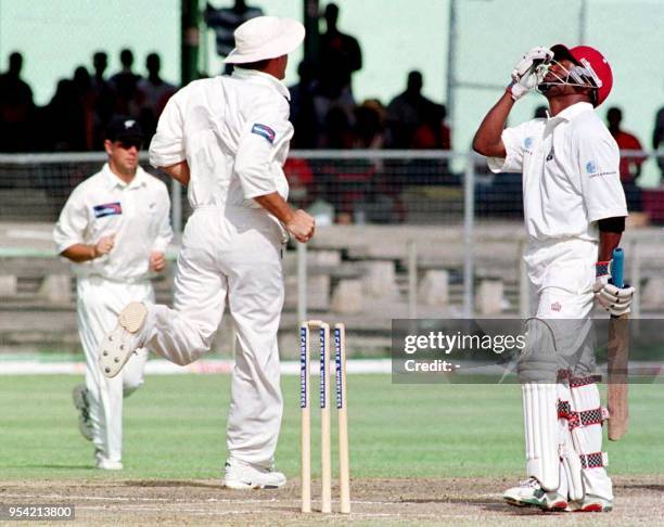 West Indies batsman Brian Lara shows his disappointment as he is bowled by New Zealnd's Daniel Vetori at Kensington Oval, Bridgetown, Barbados, 23...