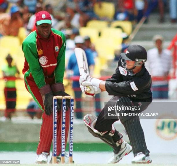 New Zealand player Lou Vincent reverse sweeps Chris Gayle during his inning of 58 the Wicket-Keeper is Ridley Jacobs on the 3rd ODI West Indies v/s...