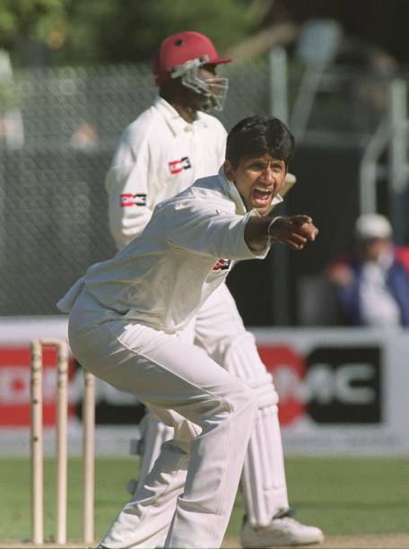 India bowler Venkatesh Prasad makes an unsuccessful appeal for lbw against West Indies' Ridley Jacobs 12 September during Toronto Cricket Festival in...