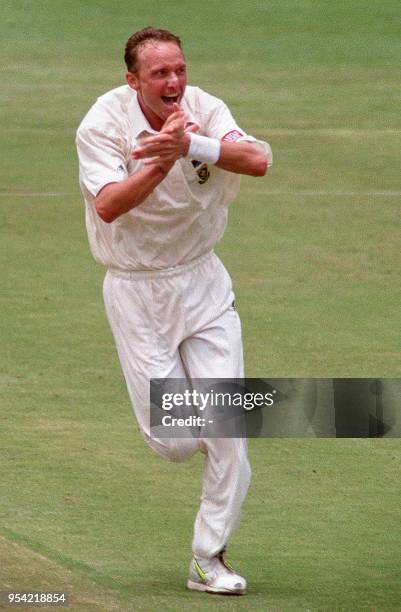 South African bowler Allan Donald celebrates the fall of West Indies captain Brian Lara's wicket for a total of 4 runs on the second day of the...