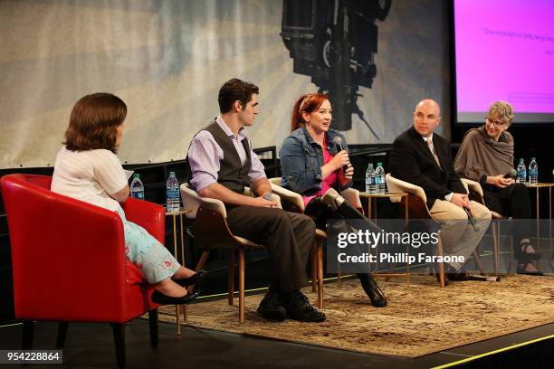 Becky Curran, RJ Mitte, Katy Sullivan, Russell Shaffer, and Gail Willianson speak onstage during the Ability panel at the 4th Annual Bentonville Film...