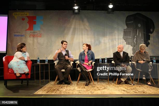 Becky Curran, RJ Mitte, Katy Sullivan, Russell Shaffer, and Gail Willianson speak onstage during the Ability panel at the 4th Annual Bentonville Film...