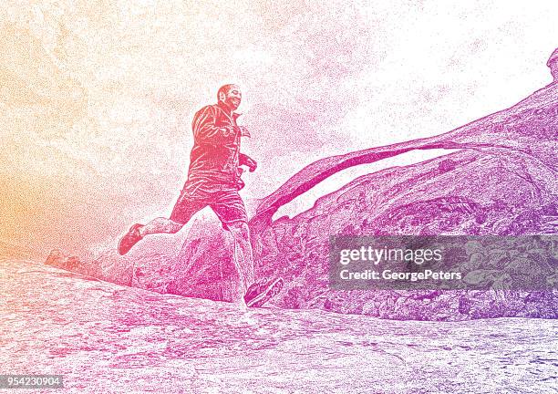 man jogging in arches national park - hispanic man exercise stock illustrations