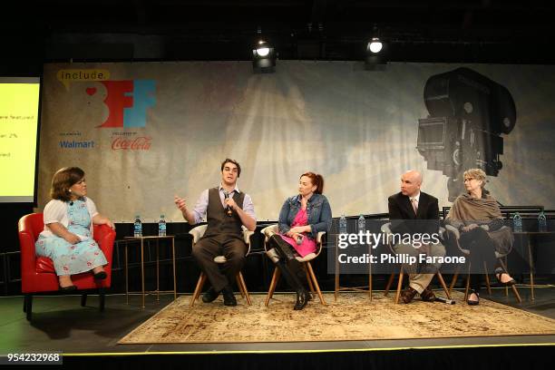 Becky Curran, RJ Mitte, Katy Sullivan, Russell Shaffer, and Gail Willianson speak onstage during the Ability panel at the 4th Annual Bentonville Film...