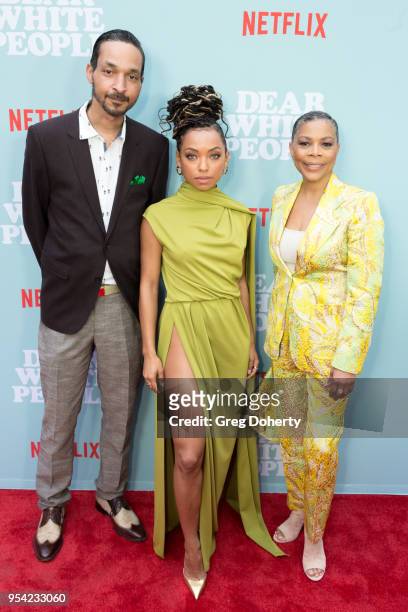 Actress Logan Browning , Brother Chad Browning and Mother Lynda Browning attend the "Dear White People" Season 2 Special Screening on May 2, 2018 in...