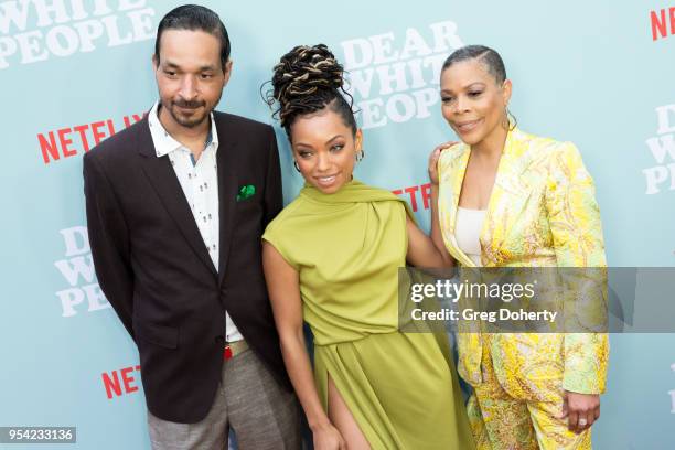 Actress Logan Browning , Brother Chad Browning and Mother Lynda Browning attend the "Dear White People" Season 2 Special Screening on May 2, 2018 in...