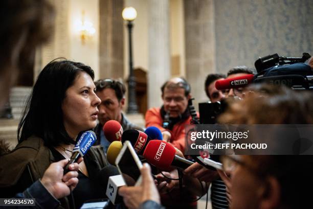 Marin's mother addresses journalists as she leaves on May 3, 2018 the courthouse of Lyon, central eastern France, at the end of the second day of the...