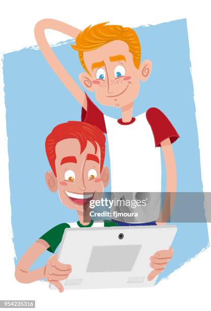 amigos usando o tablet - meninos stock-grafiken, -clipart, -cartoons und -symbole
