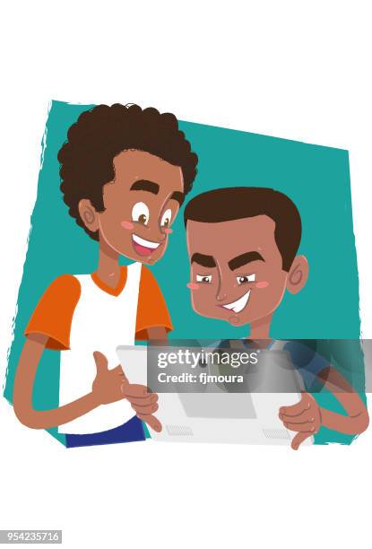 friends using the tablet - ipad on table stock illustrations