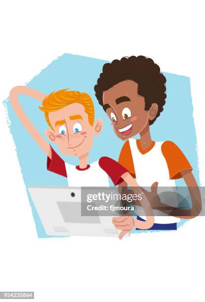 friends using the tablet - meninos stock illustrations