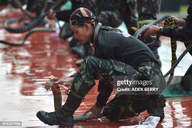 Indonesian soldiers perform their skills during a visit by Indonesian President and Sultan of Brunei at the Indonesian Military headquarter in...