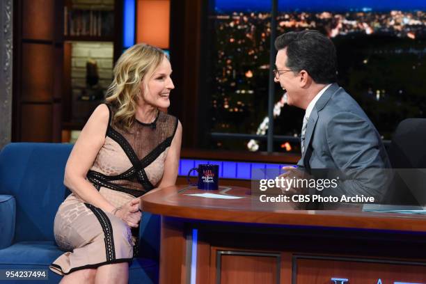 The Late Show with Stephen Colbert and guest Helen Hunt during Tuesday's May 1, 2018 show.