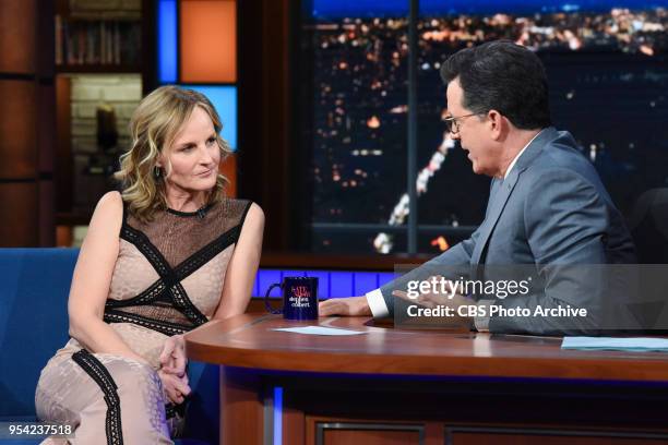 The Late Show with Stephen Colbert and guest Helen Hunt during Tuesday's May 1, 2018 show.