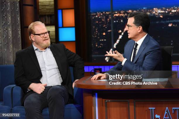 The Late Show with Stephen Colbert and guest Jim Gaffigan during Wednesday's May 2, 2018 show.