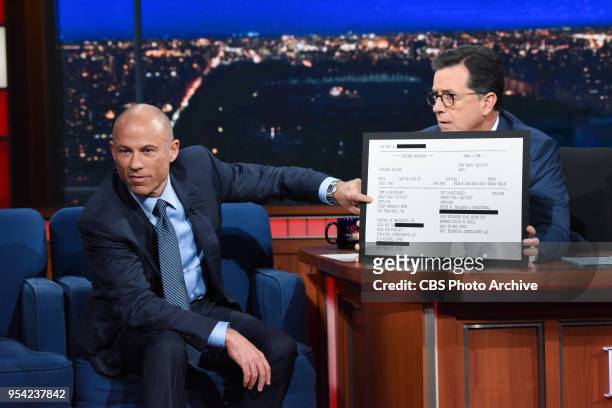 The Late Show with Stephen Colbert and guest Michael Avenatti during Wednesday's May 2, 2018 show.