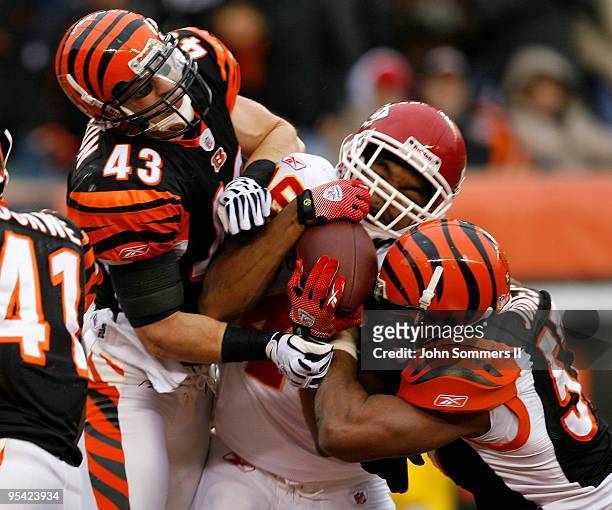 Tim Castille of the Kansas City Chiefs makes the touchdown catch against Dhani Jones and Tom Nelson of the Cincinnati Bengals in their NFL game at...