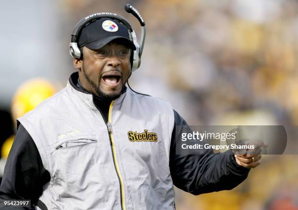 Head coach Mike Tomlin of the Pittsburgh Steelers reacts to a play while playing the Baltimore Ravens on December 27, 2009 at Heinz Field in...