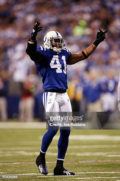 Antoine Bethea of the Indianapolis Colts celebrates after a defensive stop in the first half against the New York Jets at Lucas Oil Stadium on...
