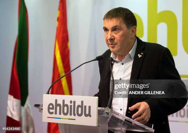 Basque separatist leader Arnaldo Otegi gives a press conference in San Sebastian on May 3, 2018. - Basque separatist leader Arnaldo Otegi warned...