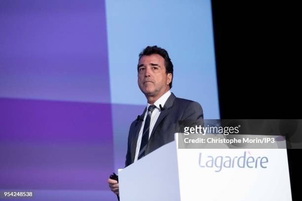 Arnaud Lagardere, the head of French media group Lagardere, attends the group's shareholders meeting on May 3, 2018 in Paris, France. The group...