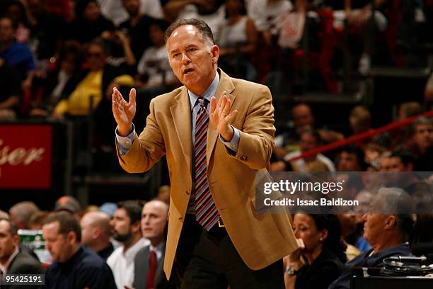 Indiana Pacers head coach Jim O'Brien leads the Indiana Pacers against the Miami Heat on December 27, 2009 at American Airlines Arena in Miami,...
