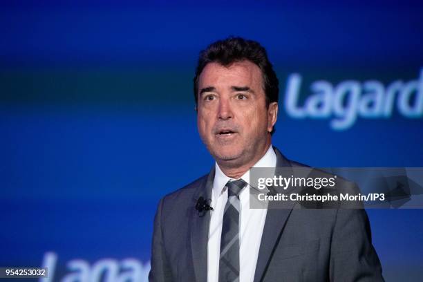 Arnaud Lagardere, the head of French media group Lagardere, attends the group's shareholders meeting on May 3, 2018 in Paris, France. The group...