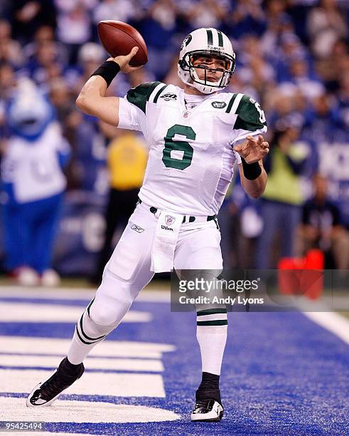 Mark Sanchez of the New York Jets throws a pass during the NFL game against the Indianapolis Colts at Lucas Oil Stadium on December 27, 2009 in...