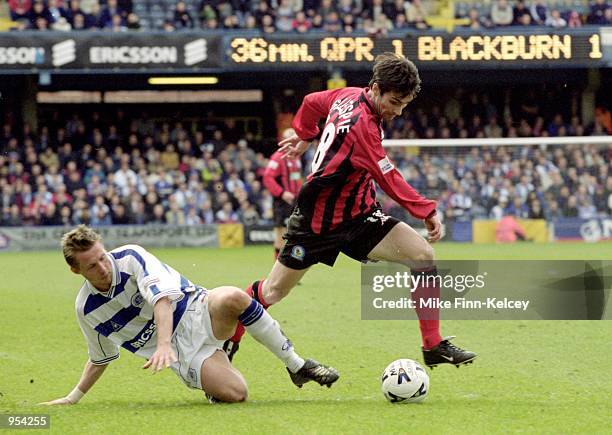 Keith Gillespie of Blackburn Rovers uses his pace to beat Paul Bruce of Queens Park Rangers during the Nationwide League Division One match played at...