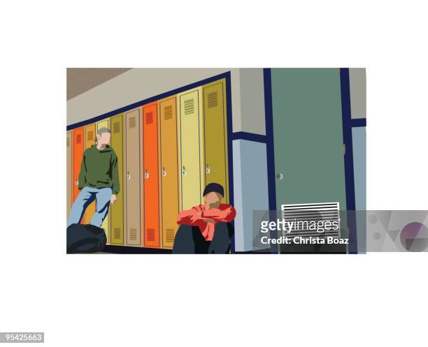 stockillustraties, clipart, cartoons en iconen met cartoon depiction of two boys at their lockers at school - inkomhal