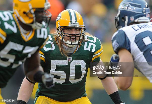 Hawk of the Green Bay Packers eyes the offense during an NFL game against the Seattle Seahawks at Lambeau Field, December 27, 2009 in Green Bay,...