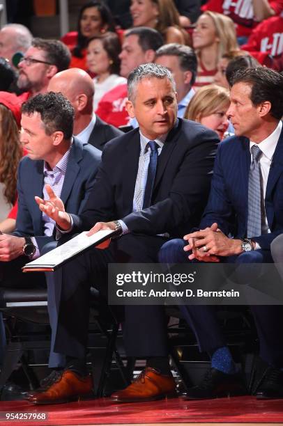 Igor Kokoskov of the Utah Jazz talks with Quin Snyder during the game against the Houston Rockets in Game Two of Round Two of the 2018 NBA Playoffs...