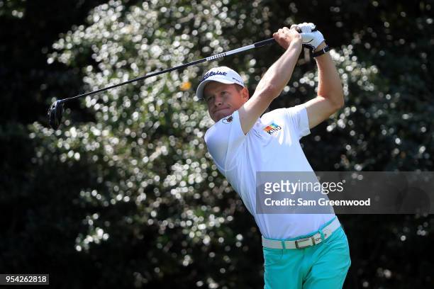 Peter Malnati plays his tee shot on the 14th hole during the first round of the 2018 Wells Fargo Championship at Quail Hollow Club on May 3, 2018 in...