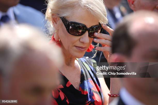 Counselor to the President Kellyanne Conway attends an event to mark the National Day of Prayer in the Rose Garden at the White House May 3, 2018 in...
