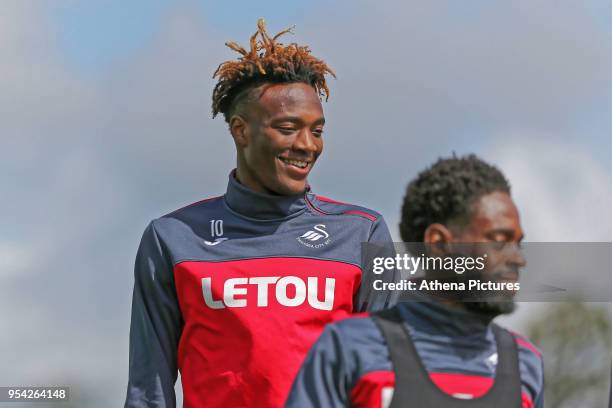 Tammy Abraham and Nathan Dyer in action during the Swansea City Training at The Fairwood Training Ground on May 02, 2018 in Swansea, Wales.