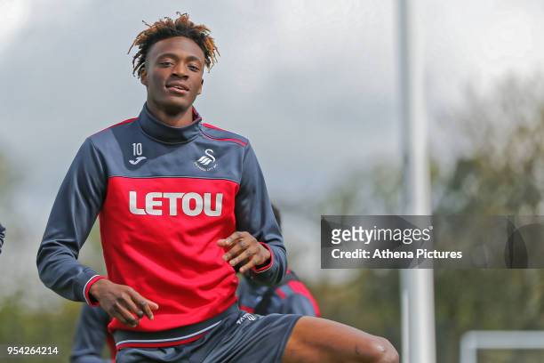 Tammy Abraham in action during the Swansea City Training at The Fairwood Training Ground on May 02, 2018 in Swansea, Wales.