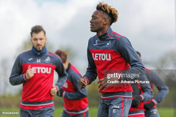 Tammy Abraham in action during the Swansea City Training at The Fairwood Training Ground on May 02, 2018 in Swansea, Wales.